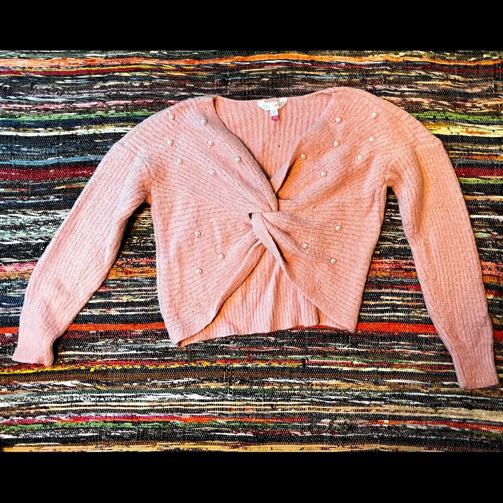 Baby pink and pearl tie cropped sweater